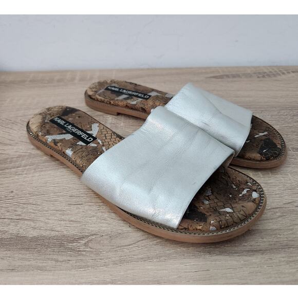 Karl Lagerfeld Shoes - Karl Lagerfeld Paris Gloria Women's Flats Size 7 Sandals Cork Slides Silver